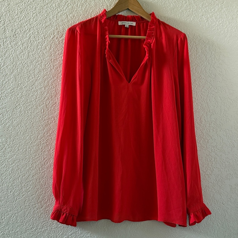 Rose & Olive Red Blouse Long Sleeve V-Neck Sheer